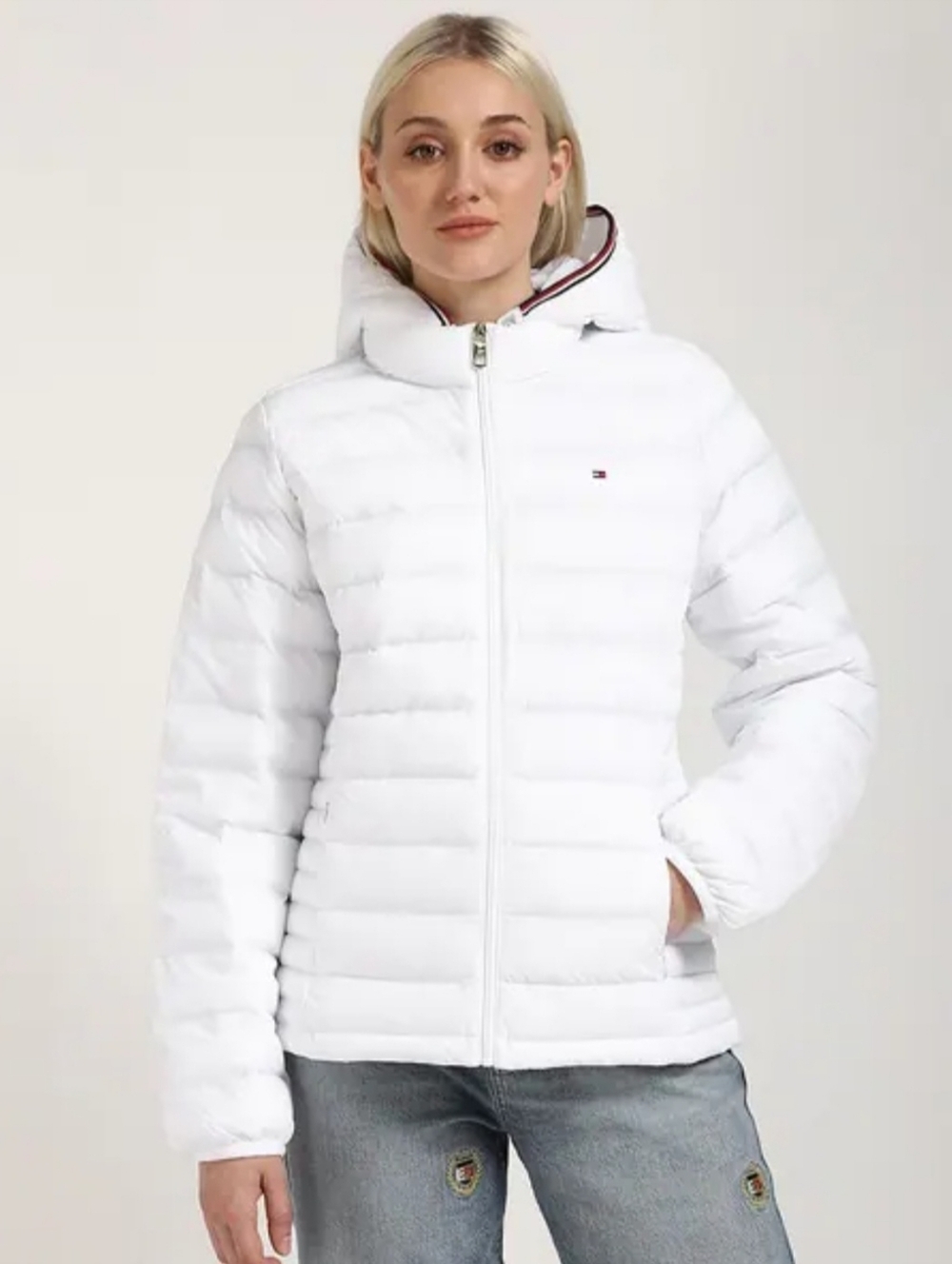 NWT Tommy Hilfiger White Quilted Hooded Zip Up Puffer Size M